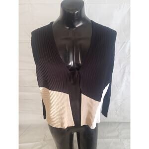 Lafayette 148 Cardigan Sweater Women's Small Cotton Black & Beige With Front Tie